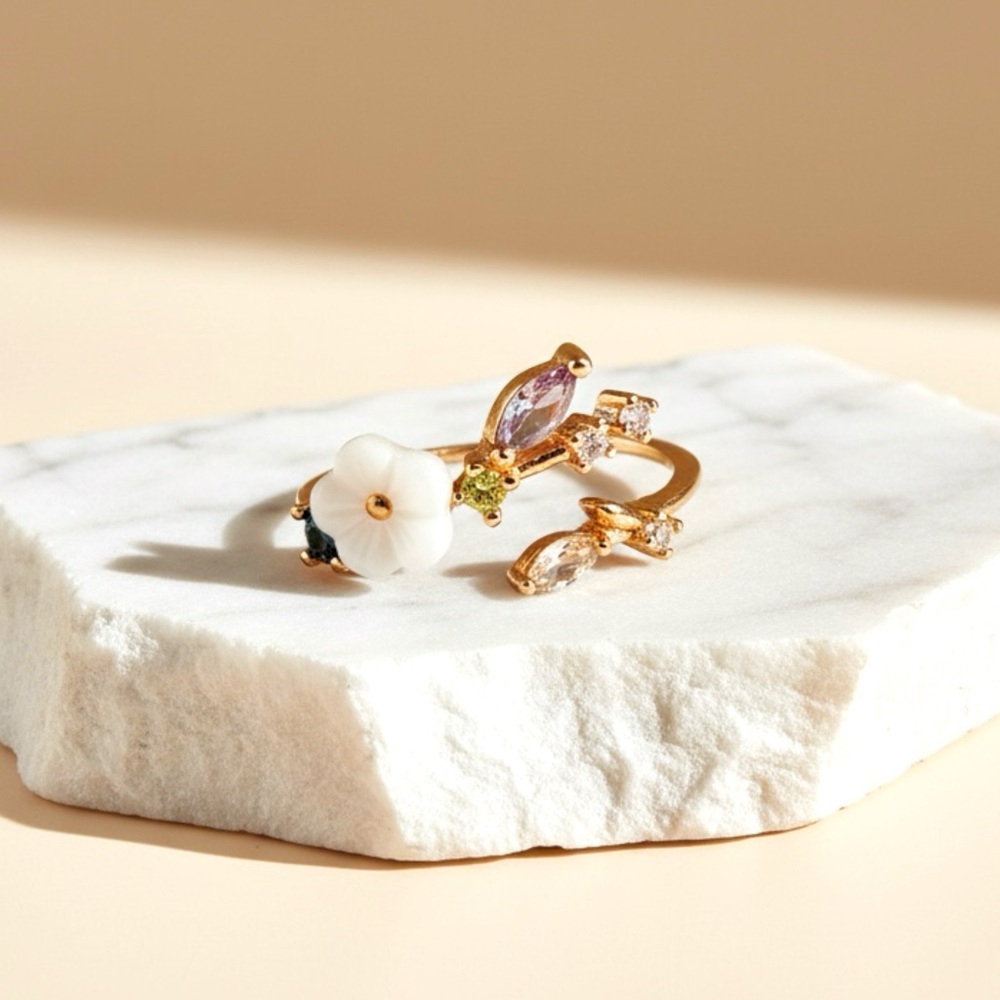 Floral Multi Color CZ Gold Plated Adjustable Ring Dainty Stackable Flower Band